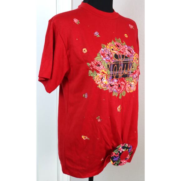 NWT Vintage 80s 90s Red TShirt Floral Glitter Deadstock Bobby Socks Small Medium - Picture 4 of 9
